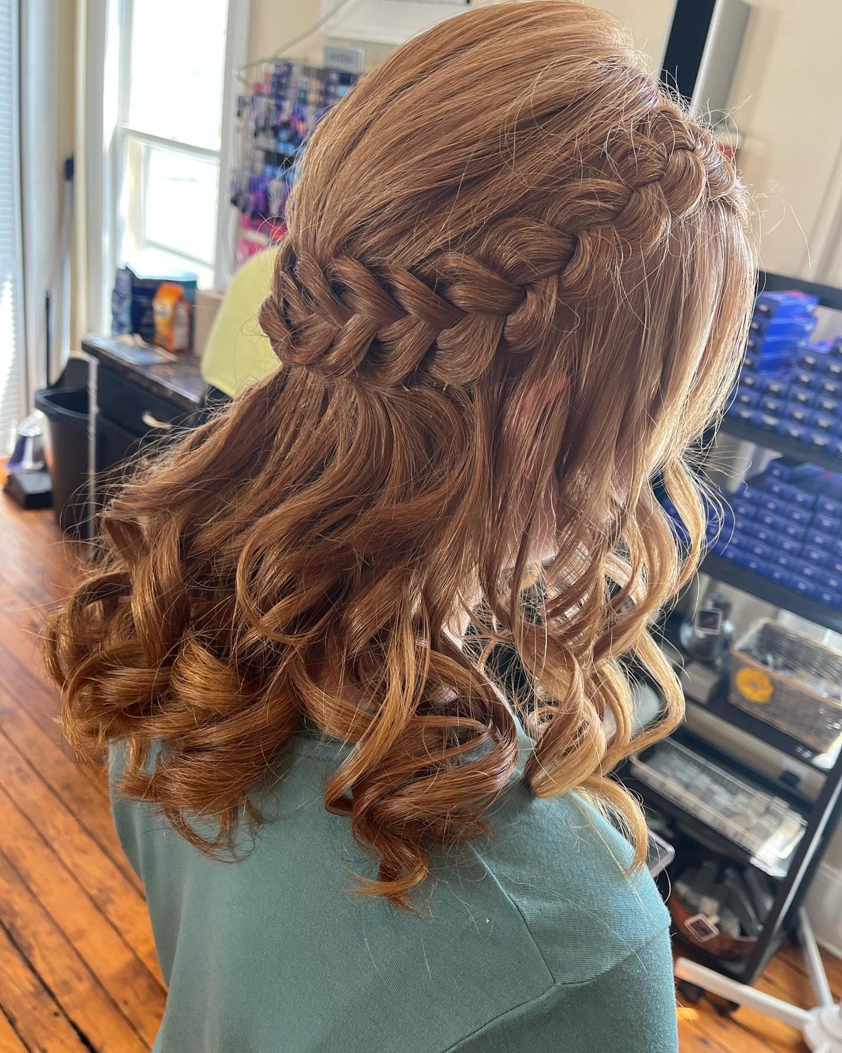 Waterfall braid with curls for special events at Spalon
